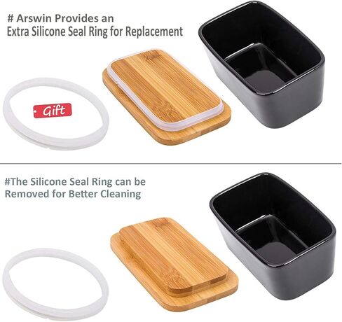 Butter Dish with Cover - Ceramics Butter Container with Bamboo Lid for Countertop,Double-layer Silicone Sealing Larger Butter Dishes with Covers Perfect for East West Coast Butter (Black with Words) in Kuwait