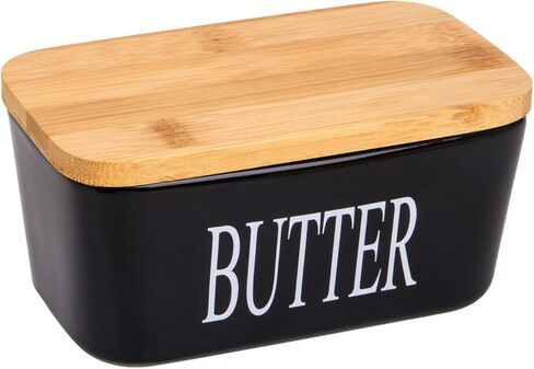 Butter Dish with Cover - Ceramics Butter Container with Bamboo Lid for Countertop,Double-layer Silicone Sealing Larger Butter Dishes with Covers Perfect for East West Coast Butter (Black with Words) in Kuwait