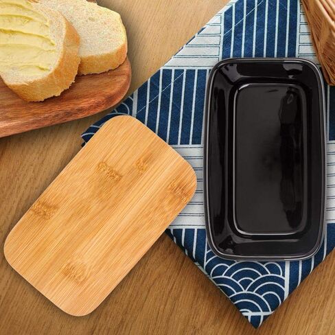 Butter Dish with Cover - Ceramics Butter Container with Bamboo Lid for Countertop,Double-layer Silicone Sealing Larger Butter Dishes with Covers Perfect for East West Coast Butter (Black with Words) in Kuwait