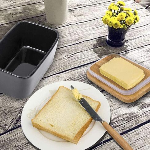 Butter Dish with Cover - Ceramics Butter Container with Bamboo Lid for Countertop,Double-layer Silicone Sealing Larger Butter Dishes with Covers Perfect for East West Coast Butter (Black with Words) in Kuwait