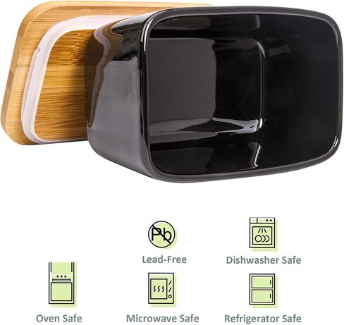 Butter Dish with Cover - Ceramics Butter Container with Bamboo Lid for Countertop,Double-layer Silicone Sealing Larger Butter Dishes with Covers Perfect for East West Coast Butter (Black with Words) in Kuwait