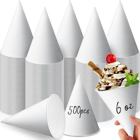 Eaasty 200 Pcs Snow Cone Cups 6 Oz Disposable Paper Cone Cups Leakproof Rolled Rim Paper Cone Cups Snow Cone Supplies for Slush Shaved Ice Cream Sorbet Water, Party Wedding, White in Saudi Arabia