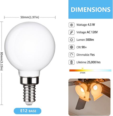 6 Pack G16.5 LED Ceiling Fan Light Bulbs, Dimmable LED Candelabra Bulb 4.5W Equivalent to 60W 500LM, E12 Chandelier LED Globe Bulbs for Chandelier,Vanity and Ceiling Fan Light Bulbs Milky Glass 2700K in Saudi Arabia