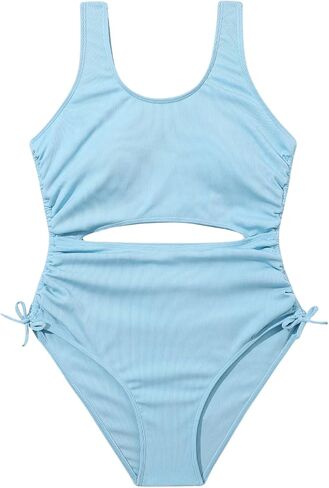 OYOANGLE Girl's Cut Out Drawstring Side One Piece Swimsuit Sleeveless Scoop Neck Bathing Suit Swimwear in Saudi Arabia