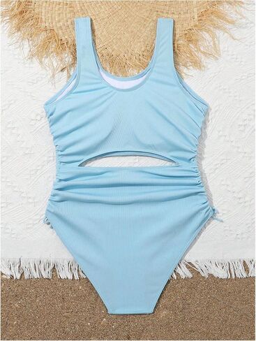 OYOANGLE Girl's Cut Out Drawstring Side One Piece Swimsuit Sleeveless Scoop Neck Bathing Suit Swimwear in Saudi Arabia