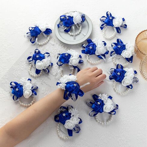 12Pcs/lot Women Bride Bridal Bridesmaid Wrist Corsage Silk Rose Pearls Girls Wedding Hand Flowers Party Decoration (Champagne) in Saudi Arabia