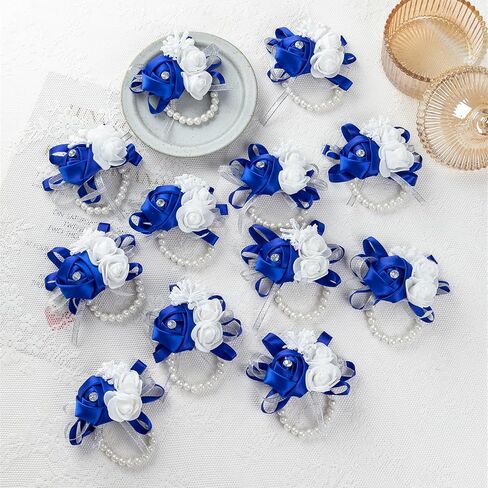 12Pcs/lot Women Bride Bridal Bridesmaid Wrist Corsage Silk Rose Pearls Girls Wedding Hand Flowers Party Decoration (Champagne) in Saudi Arabia