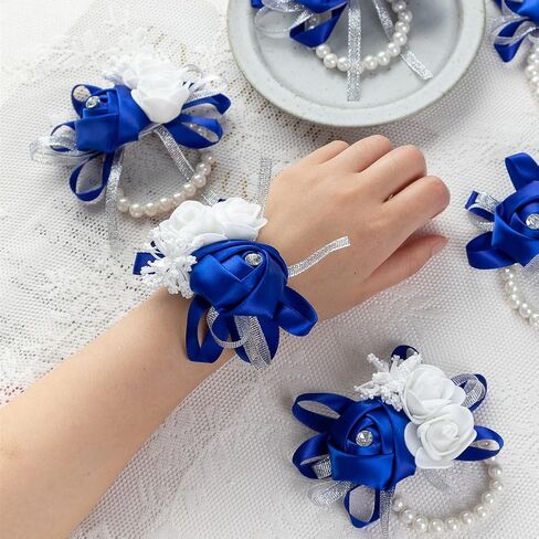 12Pcs/lot Women Bride Bridal Bridesmaid Wrist Corsage Silk Rose Pearls Girls Wedding Hand Flowers Party Decoration (Champagne) in Saudi Arabia