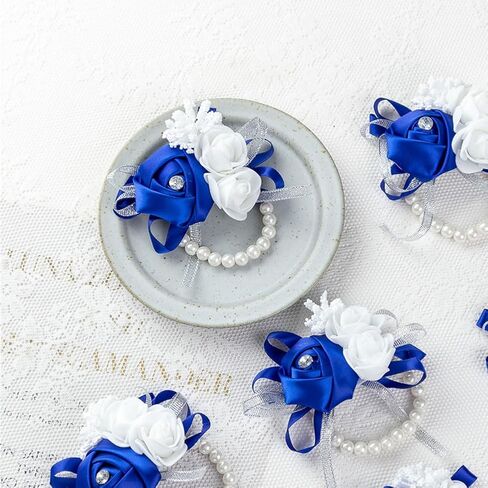 12Pcs/lot Women Bride Bridal Bridesmaid Wrist Corsage Silk Rose Pearls Girls Wedding Hand Flowers Party Decoration (Champagne) in Saudi Arabia