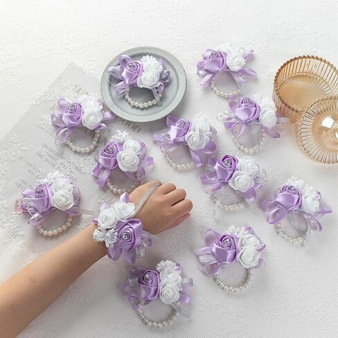 12Pcs/lot Women Bride Bridal Bridesmaid Wrist Corsage Silk Rose Pearls Girls Wedding Hand Flowers Party Decoration (Champagne) in Saudi Arabia