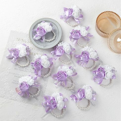 12Pcs/lot Women Bride Bridal Bridesmaid Wrist Corsage Silk Rose Pearls Girls Wedding Hand Flowers Party Decoration (Champagne) in Saudi Arabia