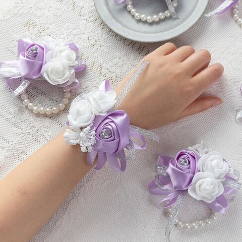 12Pcs/lot Women Bride Bridal Bridesmaid Wrist Corsage Silk Rose Pearls Girls Wedding Hand Flowers Party Decoration (Champagne) in Saudi Arabia