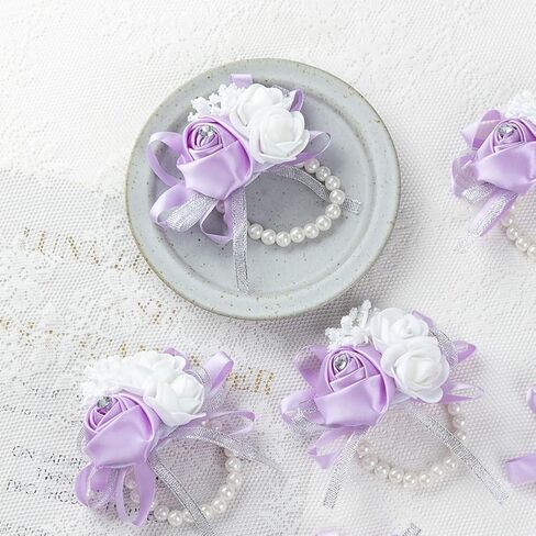 12Pcs/lot Women Bride Bridal Bridesmaid Wrist Corsage Silk Rose Pearls Girls Wedding Hand Flowers Party Decoration (Champagne) in Saudi Arabia