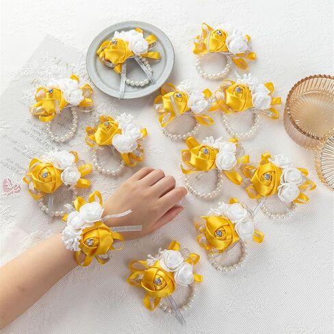 12Pcs/lot Women Bride Bridal Bridesmaid Wrist Corsage Silk Rose Pearls Girls Wedding Hand Flowers Party Decoration (Champagne) in Saudi Arabia