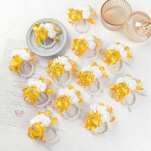 12Pcs/lot Women Bride Bridal Bridesmaid Wrist Corsage Silk Rose Pearls Girls Wedding Hand Flowers Party Decoration (Champagne) in Saudi Arabia