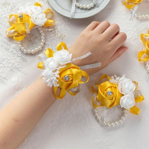 12Pcs/lot Women Bride Bridal Bridesmaid Wrist Corsage Silk Rose Pearls Girls Wedding Hand Flowers Party Decoration (Champagne) in Saudi Arabia