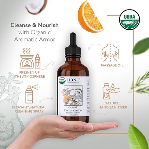مزيج HBNO Organic Aromatic Armor™ (مقارنة باللصوص) - حجم اقتصادي 4 أونصة (120 مل) - مزيج من الزيوت العطرية الطبيعية - مثالي للتنظيف والعلاج بالروائح العطرية والأعمال اليدوية والصابون وموزع الروائح in Kuwait