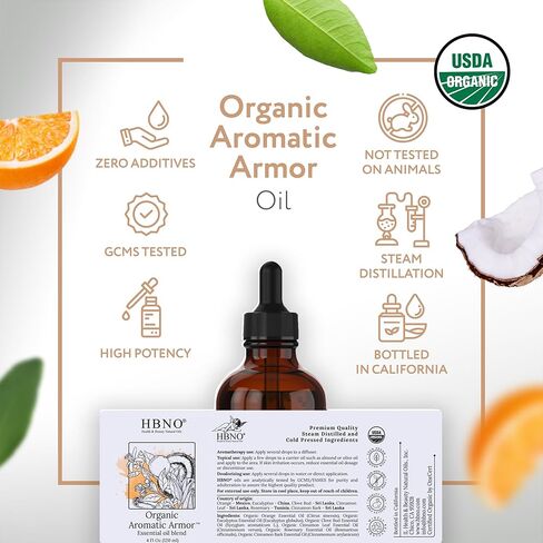 مزيج HBNO Organic Aromatic Armor™ (مقارنة باللصوص) - حجم اقتصادي 4 أونصة (120 مل) - مزيج من الزيوت العطرية الطبيعية - مثالي للتنظيف والعلاج بالروائح العطرية والأعمال اليدوية والصابون وموزع الروائح in Kuwait