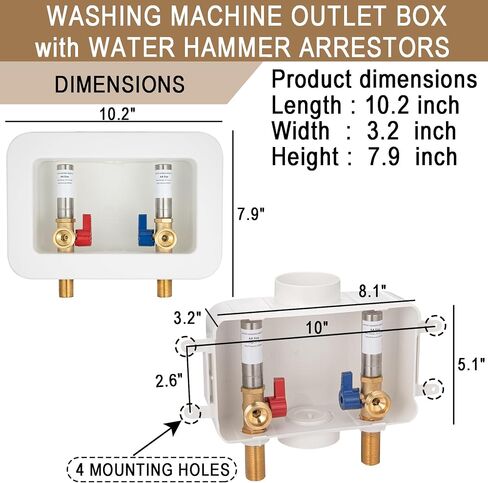 Washing Machine Outlet Box Sweat Thread with Hammer Arrestors and 2 inch Central Drain, 1/2 inch Thread, 1/2 inch Copper Sweat, Connection 3/4 inch Washing Machine Hoses in Saudi Arabia