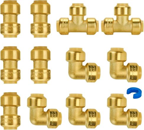 SUNGATOR Push Fittings 1/2 inch Bundle, No Lead Brass Plumbing Fittings 90 Degree Elbow (5 PCS), Tee (3 PCS) to Connect Pex, Copper, CPVC, with A Disconnect Clip, Pack of 8 in Kuwait