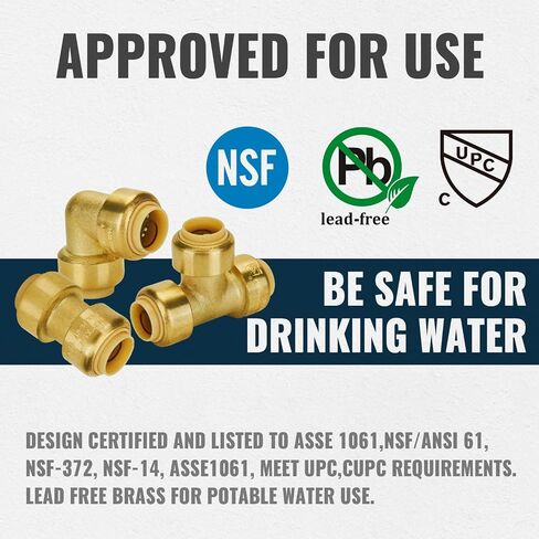 SUNGATOR Push Fittings 1/2 inch Bundle, No Lead Brass Plumbing Fittings 90 Degree Elbow (5 PCS), Tee (3 PCS) to Connect Pex, Copper, CPVC, with A Disconnect Clip, Pack of 8 in Kuwait