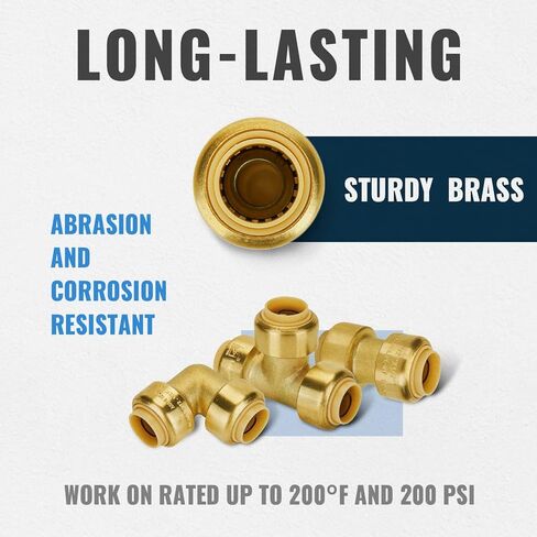 SUNGATOR Push Fittings 1/2 inch Bundle, No Lead Brass Plumbing Fittings 90 Degree Elbow (5 PCS), Tee (3 PCS) to Connect Pex, Copper, CPVC, with A Disconnect Clip, Pack of 8 in Kuwait