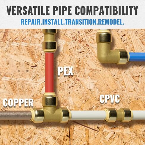 SUNGATOR Push Fittings 1/2 inch Bundle, No Lead Brass Plumbing Fittings 90 Degree Elbow (5 PCS), Tee (3 PCS) to Connect Pex, Copper, CPVC, with A Disconnect Clip, Pack of 8 in Kuwait