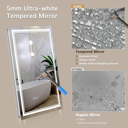 مرآة حمام LED مقاس 40 × 24 بوصة - مرآة LED بإضاءة أمامية وخلفية للحمام - قابلة للتعتيم، مضادة للضباب، نمط إضاءة مُدخلة، مرآة حمام حديثة أكثر إشراقًا مثبتة على الحائط مع أضواء in Kuwait