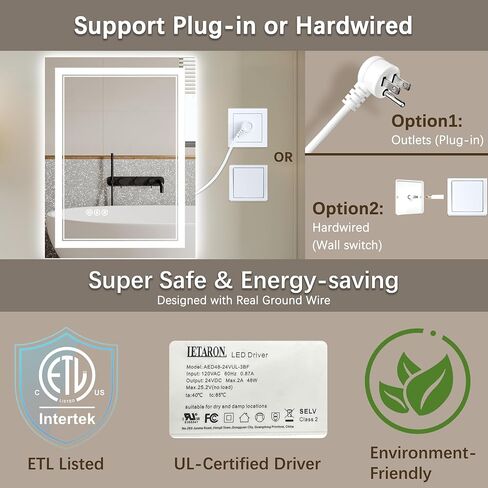 مرآة حمام LED مقاس 40 × 24 بوصة - مرآة LED بإضاءة أمامية وخلفية للحمام - قابلة للتعتيم، مضادة للضباب، نمط إضاءة مُدخلة، مرآة حمام حديثة أكثر إشراقًا مثبتة على الحائط مع أضواء in Kuwait