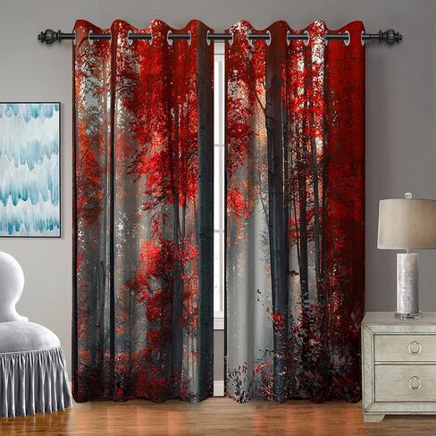 Baocicco Forest Themed Blackout Window Curtains Woodland Red Leaves Bush Pattern Print Curtain with Grommets Mystical Fantasy Art Darkening Drapes for Living Room Bedroom 2 Panels 42x63 Inch in Saudi Arabia