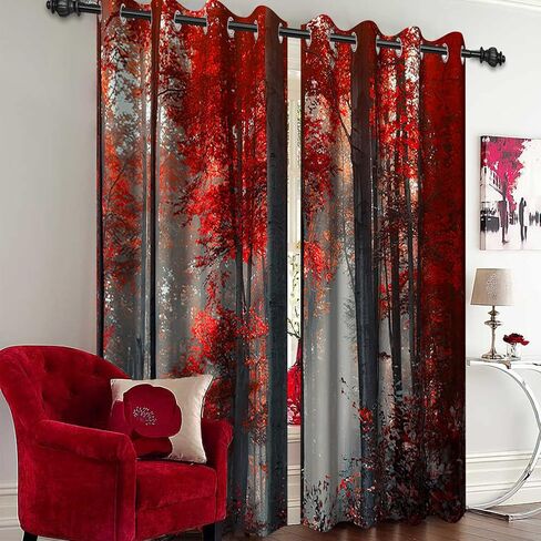 Baocicco Forest Themed Blackout Window Curtains Woodland Red Leaves Bush Pattern Print Curtain with Grommets Mystical Fantasy Art Darkening Drapes for Living Room Bedroom 2 Panels 42x63 Inch in Saudi Arabia