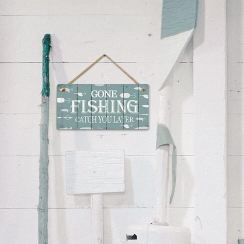 علامة Putuo Decor Gone Fishing Sign، ديكور حائط خارجي للشاطئ، المقصورة، كهف الرجل، البار، منزل البحيرة، لوحة معلقة مقاس 10×5 بوصات - صيد السمك يمسك بك لاحقًا in Saudi Arabia
