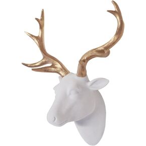 Animal Head Wall Decor, White Faux Furry/Felt/Velvety Resin Deer Head with Gold Antlers For Wall Mount Decoration, Size 10" x 5.5" x 12" by Smarten Arts