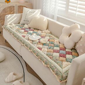 Boho Plaid Patchwork Sofa Cover Floral Printed Ruffled Furniture Protector Cotton Quilted Sectional Couch Covers Non-Slip Sofa Slipcover for Dogs Cats Pet Area Rugs Mat (Green,28"x28")