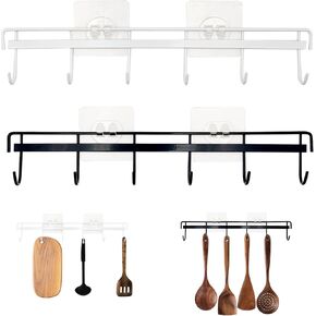 2 Pack Kitchen Adhesive Wall Hooks Rack Rail,Spoon Hanger for Kitchen Hanging Spatulas Measuring Spoons Space Saving No Drilling Hanger with 6 Hooks for (Black and White