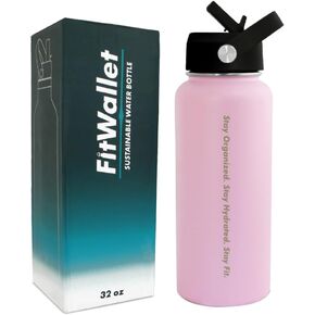 FitWallet™ Insulated Water Bottle 32oz- Leak proof Wide Mouth Gym Water Bottles for Women & Men, Pink Water Bottle- Motivation Water Bottle with Straw and Handle- Double Insulated Metal Water Bottle