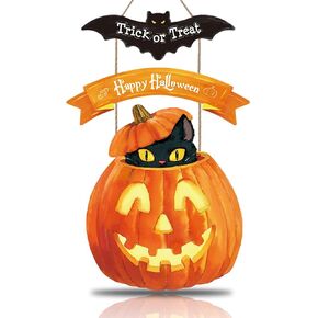 Trick Or Treat Happy Halloween Wooden Hanging Sign,Bat Black Cat Halloween Door Decorations, Pumpkin Halloween Wall Decor For Home Party Indoor Outdoor