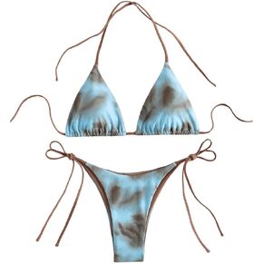 GORGLITTER Women's Thong Swimsuit Tie Dye Knot Triangle Bikini Top and String Bottom Set
