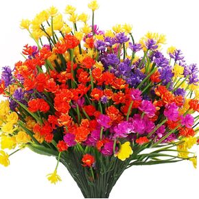 16 Bundles Artificial Flowers for Outdoors, Plastic Flowers, UV Resistant Fake Plants Faux Greenery Shrubs for Garden Outdoor Indoor Home Hanging Planter Patio Window Box Farmhouse Decor (4 Colors)