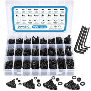 960pcs M3 M4 M5 M6 Metric Screw Assortment,16 Sizes 8MM to 20MM Upgraded Zinc Plated Hex Socket Head Cap Machine Screws, 12.9 Alloy Steel Bolts and Nuts Kit Screws Nuts and Washers