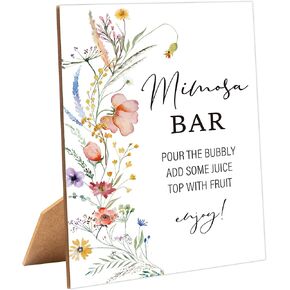 Boho Wildflower Mimosa Bar Sign for Bridal Shower, 1 Pack Wooden Sign with Stand Tabletop Decor, Boho Bridal Shower Decoration, Engagement Bachelorette Party Supplies - JF01
