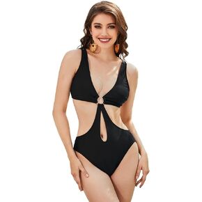 WDIRARA Women's Cut Out Deep V Neck Ring One Piece Swimsuit Monokini Swimwear