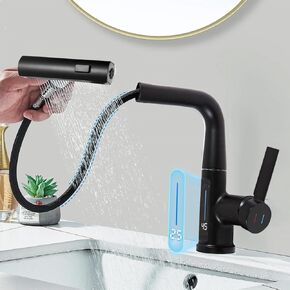 صنبور حمام مع بخاخ سحب للخارج، عرض لدرجة الحرارة، صنبور حمام قابل للرفع يدور 360 درجة، صنبور حوض حمام بفتحة واحدة حديث، صنبور خلاط حوض نحاسي أسود