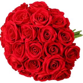 Hoteam 30 Pcs Velvet Flowers with Long Stem 4 Inch Large Artificial Roses Bulk Realistic Fake Real Touch Flowers Mother's Day Fake Roses Bouquet for Home Garden Wedding Party Decor (Red)