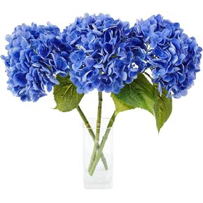 YalzoneMet 3 pcs Real Touch Dark Blue Hydrangea Artificial Flowers 21" Long Stems Large Bloom Faux Hydrangeas for Wedding Party Table Centerpieces Garden Xmas Home Decor