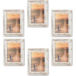 Picture Frames 5x7 (6-Pack) - White Rustic Distressed Farmhouse Wooden Frame - Photo Frame with Acrylic Front Ready to Hang or Stand