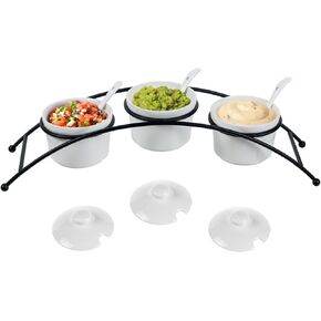 MyGift 10 Piece Condiment Pot Serving Set Includes Modern Matte Black Metal Wire Server Tray with Arch Design and 3 Ceramic Ramekin Bowls with Lids and Spoons