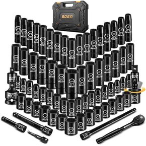 BOEN 1/2" Drive Impact Socket Set, 72 Piece Standard SAE (5/16"-1-1/4") & Metric (8-24 mm), Deep & Shallow Kit | Includes Ratchet Handle & Adapters | 3 ", 5", 10" Extension Bar