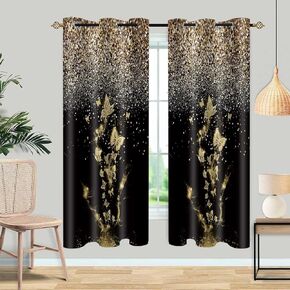 ستائر الفراشة الذهبية 2 لوحات مجموعة الفراشات الذهبية والأسود ستائر التعتيم بريق نافذة الستارة لغرفة النوم وغرفة المعيشة 42 × 63 بوصة in Kuwait