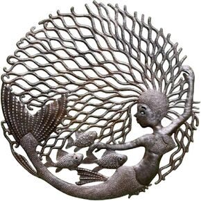 Mermaid Theme Decor, 23" Large Mermaid, Indoor Outdoor Wall Hanging Art, Handmade in Haiti, Sea Life